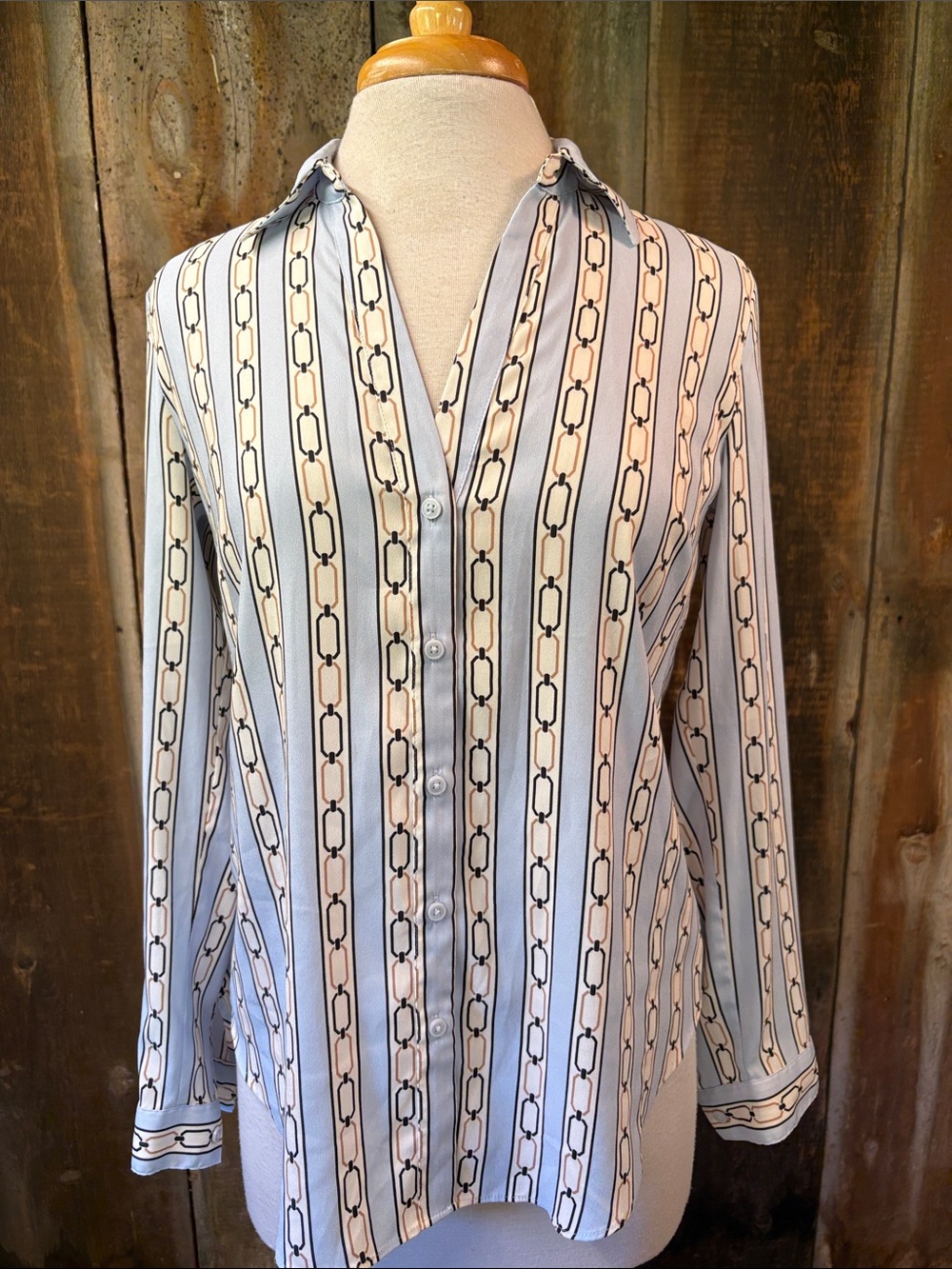 Ann Taylor Womens Blouse Chain Print Top Light Blue Button Down Small Career